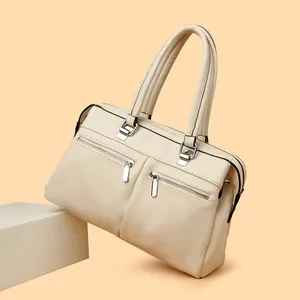 Minimalist beige lychee grain multi-pocket tote bag with large capacity and silver zippers