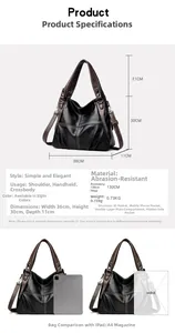 Detailed size specifications for a large black and brown faux leather tote bag with dimensions