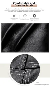 Detail of waterproof lychee textured faux leather with white contrast stitching on black bag