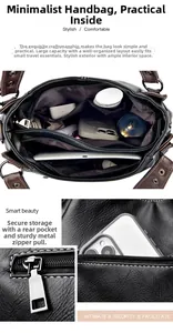 Detail view of large capacity interior compartments and secure rear pocket on handbag
