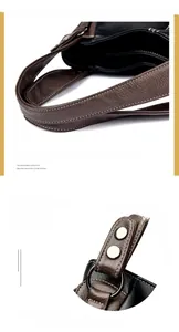 Detail of dark brown leather handbag showing durable metal hardware and stitching