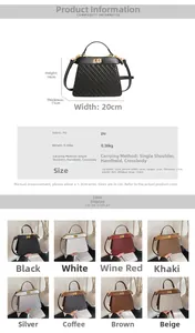 Size chart showing PU leather handbag dimensions and 8 available colors in detail