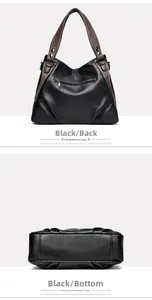 Detail view of the black textured leather shoulder bag showing the back pocket and bottom