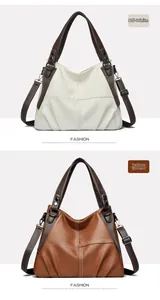 Detail of off-white and tan faux leather tote bags with adjustable straps and soft texture