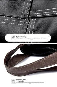 Detailed close-up of premium leather grain with contrast stitching and sturdy handle