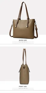 Détail du sac cabas en cuir kaki montrant le profil avant et latéral avec le logo kangourou