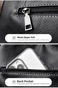 Detail of silver zipper hardware and back pocket with smartphone in black leather bag