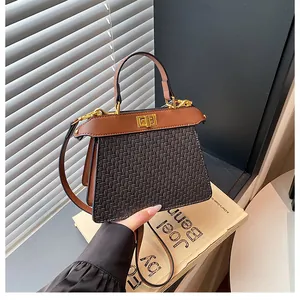 Detail of vintage brown leather and black woven bag with golden twist lock closure