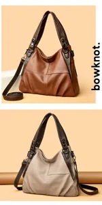 Detail view of caramel and beige crossbody bags with white stitching and leather texture
