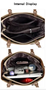 Vue intérieure du grand sac cabas marron avec compartiments multiples et grande capacité