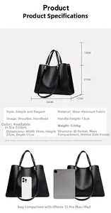 Detaillierter Größenführer für schwarze Tote-Bag mit Maßtabelle und Größenvergleich