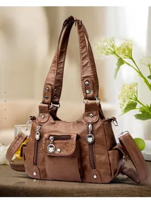 Brown vintage multi-pocket shoulder bag with washed PU leather and petal zippers