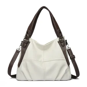 Minimalist white and brown contrast tote bag with large capacity and adjustable strap