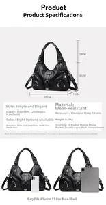 Detailed size chart of black dumpling handbag with dimension specs and interior layout