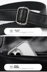 Detail of black lychee leather bag featuring adjustable strap and back zipper pocket for phone
