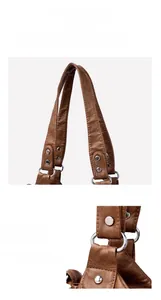 Detailed view of the dark brown leather handbag featuring silver metal rings and rivets