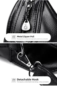 Close-up of black lychee grain leather with shiny silver hardware and zipper details
