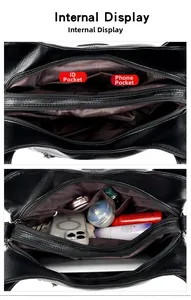 Detail of multi-compartment interior showing space for phone and cosmetics