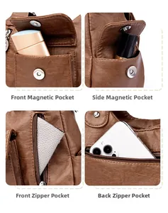 Detail view of the brown PU handbag showing magnetic and zipper pockets storage structure
