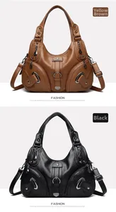 Detailed comparison of yellow-brown and black pebble leather crossbody bags with metal accents