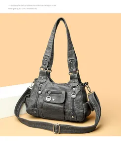 Detail of dark gray washed PU leather bag with floral metal zippers and front pockets