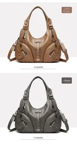 Detail view of multi-pocket dumpling bags in light khaki and grey with metal hardware