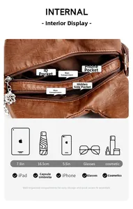 Vue intérieure du sac en cuir marron montrant les compartiments zippés et la capacité pour iPad