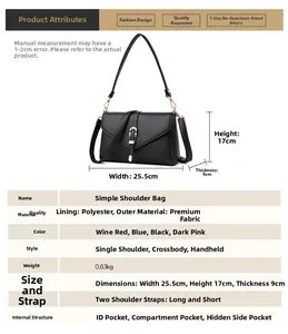 Size chart for black shoulder bag with dimensions 25.5x17x9cm and material details