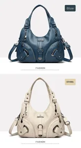 Detail of multi-pocket pebble leather totes in blue and off-white with metal zippers