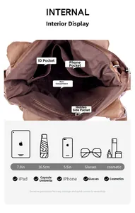 Internal view of brown PU leather bag showing functional compartments and storage capacity