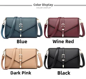 Detail showing various colors of the crossbody bag including blue, wine red, pink, and black