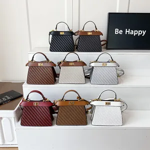 Women Vintage Woven Texture PU Leather Handbag Crossbody Bag With Metal Twist Lock Handle Shoulder Strap Versatile Elegant Square Satchel