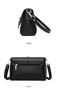 Side and back view of black lychee leather crossbody bag with gold metal zipper
