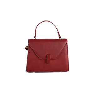 Deep red lychee pattern leather tote bag with gold buckle and top handle for women