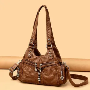 Sac à Épaule Matelassé en Cuir PU Souple Vintage pour Femme Grande Capacité Multi-Poches Sac à Main Sac Bandoulière Avec Tirette Fleur