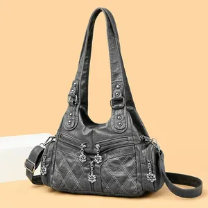 Sac bandoulière vintage en cuir délavé gris anthracite avec surpiqûres en losanges
