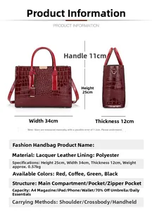 Tabella taglie borsa a mano retrò motivo coccodrillo con dimensioni e specifiche tecniche