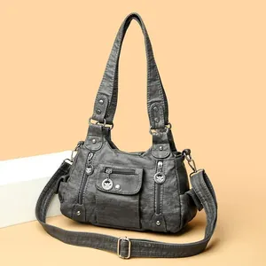 Retro grey washed PU leather handbag with adjustable strap for casual daily use