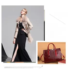 Elegante borsa a mano rosso scuro con trama a coccodrillo mostrata in una scena di moda