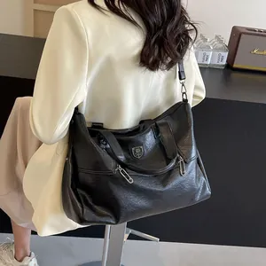 Vintage black large capacity tote bag with lychee texture and adjustable shoulder strap