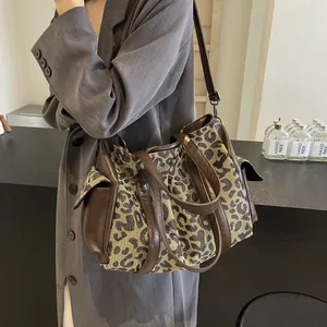 Retro leopard print canvas tote bag with brown leather handles for women shoulder carry