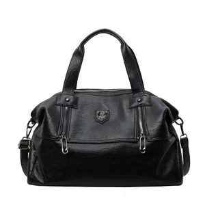 Retro black leather tote bag with unique safety pin zippers and large capacity design