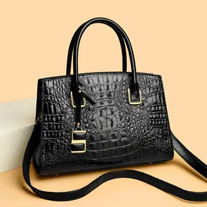 Elegant Women Crocodile Pattern Cowhide Handbag Large Capacity Tote Bag Gold Hardware Luxury Shoulder Crossbody Bag Daily Office