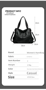 Detailed size chart and parameters for black PU leather tote bag with measurements