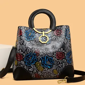 Retro Ethnic Floral Embossed Women Handbag Vintage PU Leather Top Handle Crossbody Satchel Shoulder Bag Golden Hardware
