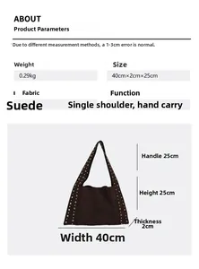 Tableau des tailles détaillé pour sac à bandoulière en suède 40x25x2cm avec rivets