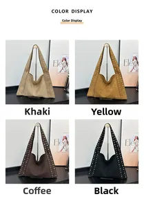 Présentation de quatre sacs hobo minimalistes en kaki, jaune, café et noir avec des rivets
