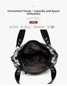 Top view of large black tote bag interior showing spacious capacity and geometric lining