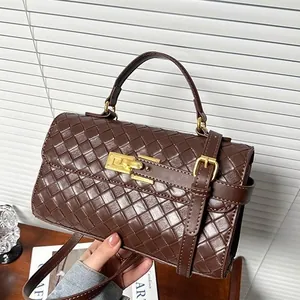 Borsa a Mano da Donna in Pelle PU Intrecciata Con Serratura in Metallo Dorato Manico Superiore Tracolla per Ufficio Quotidiano Borsa Quadrata Minimalista