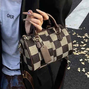 Vintage Canvas Plaid Boston Bag For Women Houndstooth Checkerboard Handbag With Wide Shoulder Strap Fashion Crossbody Purse